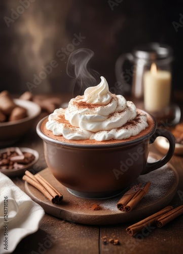 soft focus shot of a bowl filled with steaming hot chocolate topped with whipped cream and sprinkled with cinnamon powder , indulgent, whipped cream, soothing