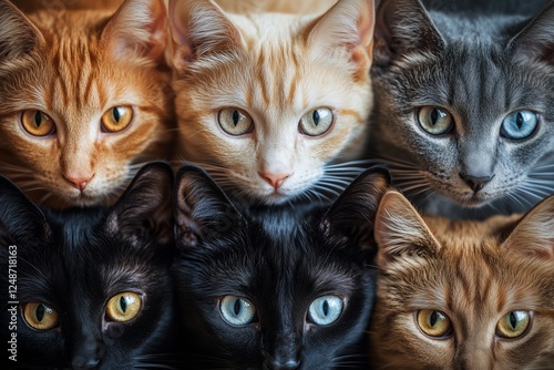 Cats of various colors and patterns gathered closely in a cozy setting