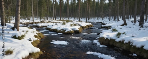 Snowy forest floor with a small stream flowing through it amidst Lappish spruce trees, evergreen trees, frozen lake, serene water photo