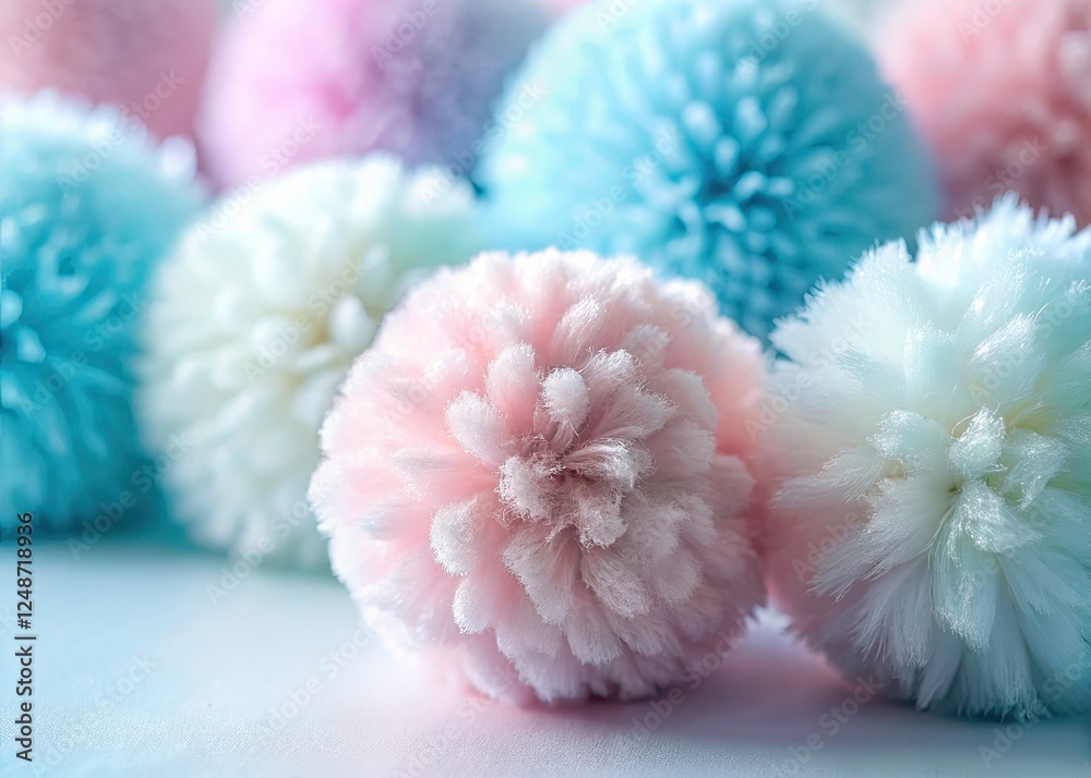 Minimalist photography backdrop: soft pastel pom-poms, fluffy white, pink, and blue textures. Minimalist photography backdrop: soft pastel pom-poms, fluffy white, pink, and blue textures.