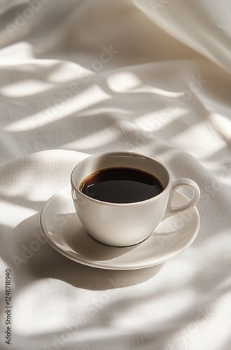 Black coffee in a white cup on a light fabric background with soft shadows in...