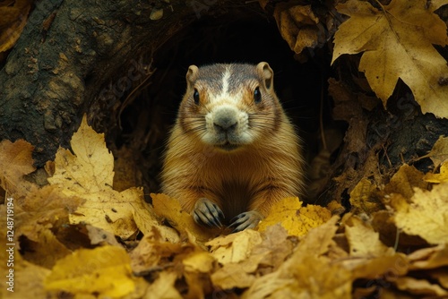 A groundhog emerges from a pile of leaves, looking around cautiously