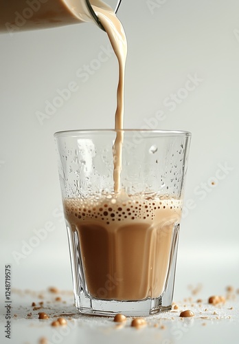 Pouring creamy beverage into a glass with small bubbles on a light background