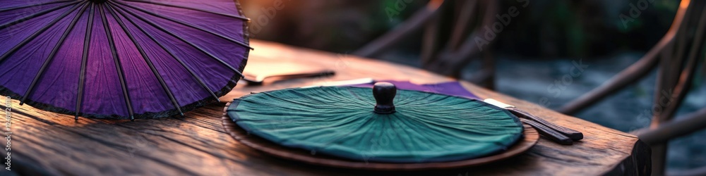 Obraz premium A decorative umbrella resting on a wooden surface, featuring a unique color combination
