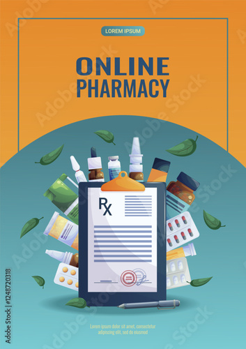 Bright design of a flyer for an online pharmacy, medicine. Medications, tablets, capsules, sprays, drops, prescription. Vector illustration in A4 format for posters, banners and advertisements.