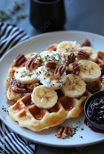 Delicious waffle topped with bananas, pecans, and whipped cream for breakfast...