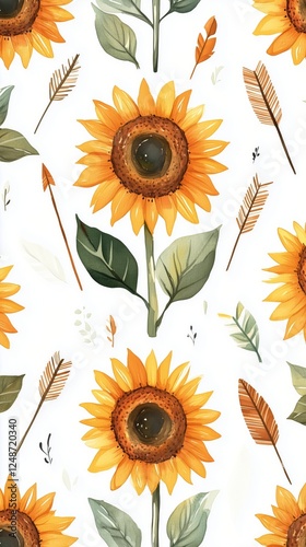Bright sunflower pattern with arrows and leaves on a white background during ...