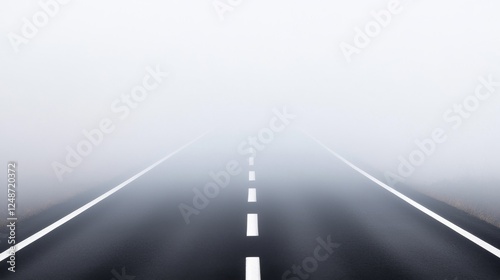 A straight road vanishes into thick fog, obscuring visibility and creating mystery and danger, highlighting the challenges and hazards of navigating such conditions.