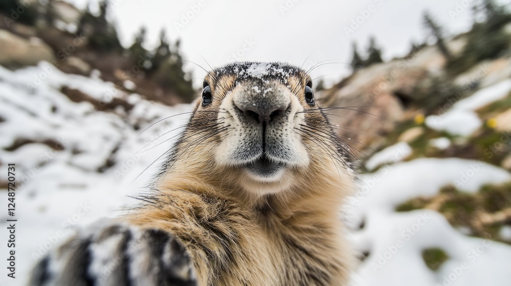 Obraz premium Close-up photo of a ground squirrel in snowy surroundings, perfect for winter scenes or nature documentaries