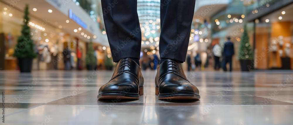 Fototapeta premium Close-up view of polished leather shoes walking through a modern shopping mall with a professional appearance