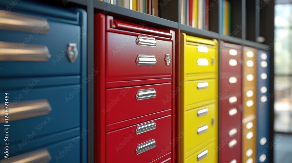 Colorful filing cabinets in a modern library setting Colorful filing cabinets in a modern library setting