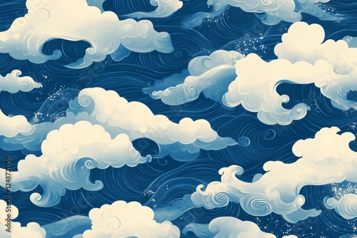 Beautiful cloud patterns on a deep blue background with swirling designs in t...