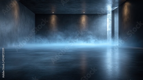 Dark, moody room with fog, lights, and concrete floor.