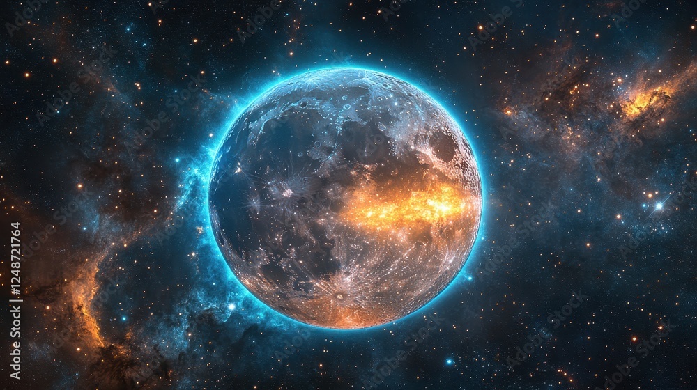 Glowing planet in nebula; cosmic background; space exploration; science fiction art Glowing planet in nebula; cosmic background; space exploration; science fiction art