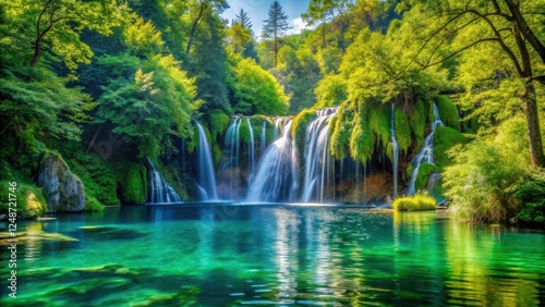 waterfall cascading into crystal clear lake surrounded by lush green trees with vibrant foliage, calmness