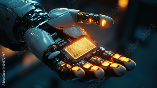 Close-up of a robotic hand holding a glowing microchip in a futuristic setting with cyberpunk lighting and technology focus