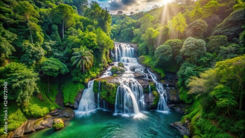 Pha Dok Seaw Waterfall Thailand: Stunning Aerial View, Lush Jungle, Cascading Water, Rocky Terrain, Natural Beauty