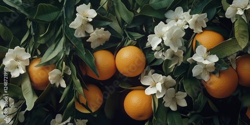 Oranges and blossoms arranged beautifully in a natural setting during the day...
