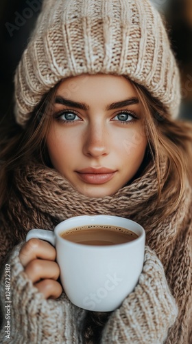 Warm coffee moment in cozy sweater and knit hat during chilly morning