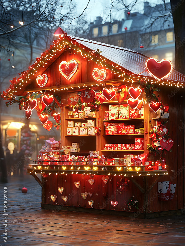 Fototapeta premium Heart-adorned wooden market stall illuminated with twinkling lights, selling Valentine's Day gifts in a festive outdoor setting..