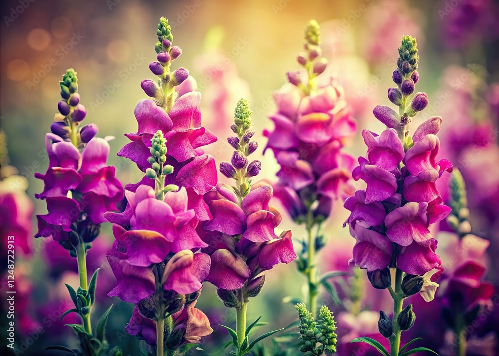 Obraz premium Retro purple snapdragons: antique floral photography, showcasing vintage blooms in vibrant hues.