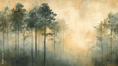 Fototapeta Naklejka Na Ścianę i Meble -  Misty forest landscape with tall trees against a soft background