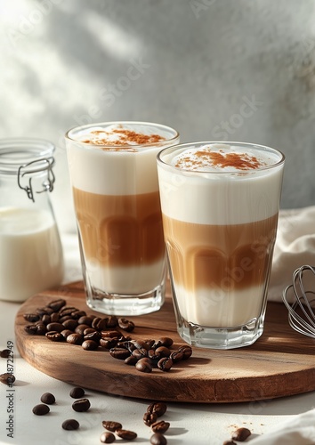 Creamy coffee drinks with milk foam and cinnamon served on a wooden tray with...