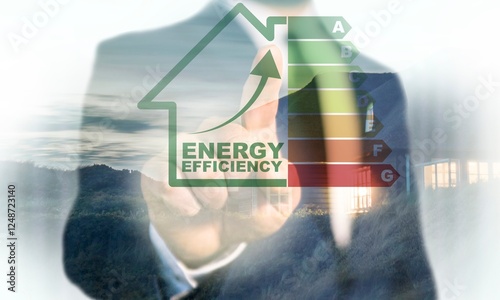 A professional analyzes a sketched energy efficiency chart with green and red bars for building assessments. Benchmarking banner. Compare quality with other companies for improvement