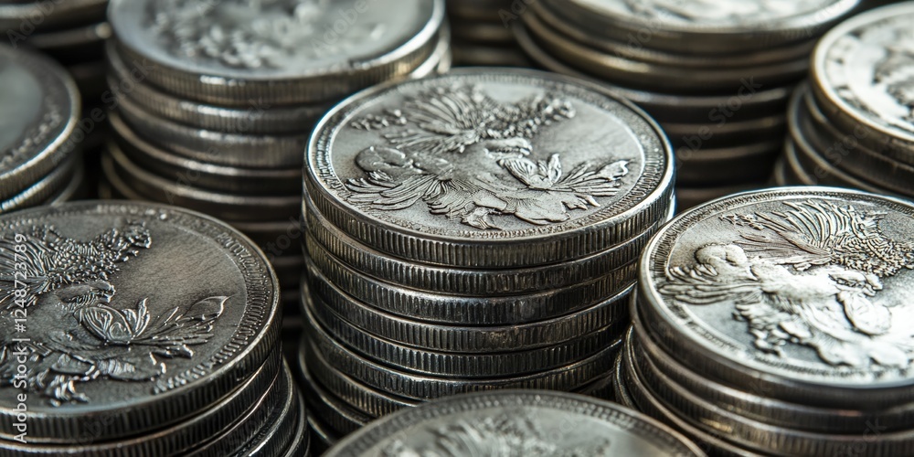 Close-up View of Stacks of Silver Coins on a White Background, Highlighting Intricate Design and Detailing of Each Coin Close-up View of Stacks of Silver Coins on a White Background, Highlighting Intricate Design and Detailing of Each Coin