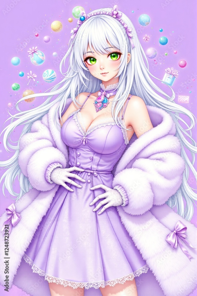 Charming animated girl with long white hair in a purple dress and fluffy coat, surrounded by colorful bubbles and decorations Charming animated girl with long white hair in a purple dress and fluffy coat, surrounded by colorful bubbles and decorations