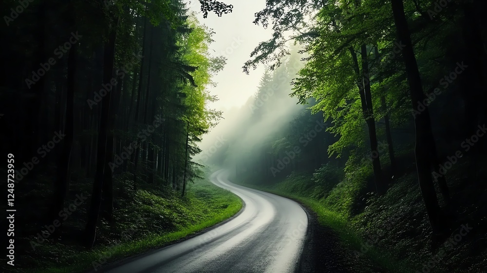 Naklejka premium Lonely road through an eerie misty forest, soft fog blurring the path, mysterious and atmospheric, cinematic storytelling composition