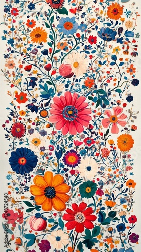 Colorful floral pattern with vibrant flowers and intricate detailing in artis...