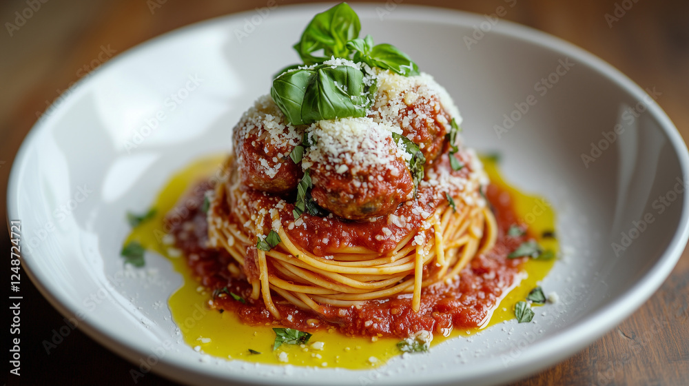 Close-up a plate of spaghetti with rich marinara sauce, topped with fresh basil, grated parmesan, and a few meatballs Close-up a plate of spaghetti with rich marinara sauce, topped with fresh basil, grated parmesan, and a few meatballs
