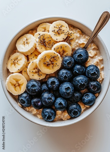Healthy breakfast bowl with banana slices and fresh blueberries at home in th...
