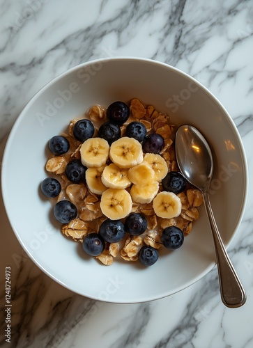 Healthy breakfast bowl with oats, banana slices, and blueberries on marble table