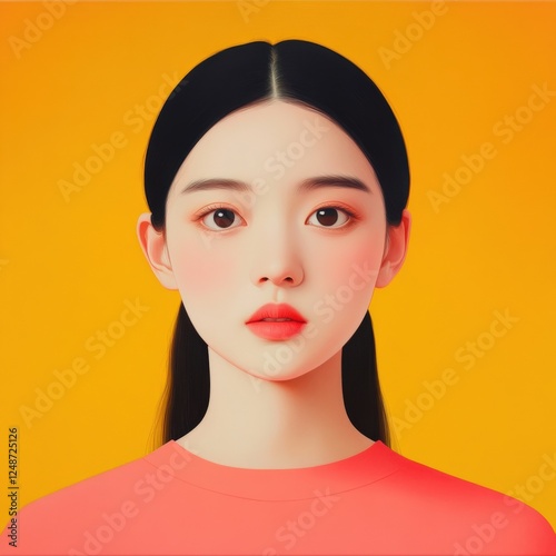 portrait of a young woman with dark hair and fair skin against a yellow background