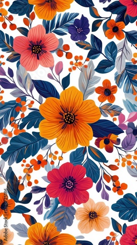 Colorful floral pattern featuring vibrant flowers and leaves on a light backg...