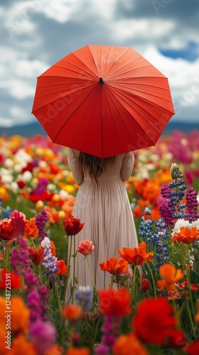 Woman with red umbrella standing in vibrant flower field during a bright sunn...