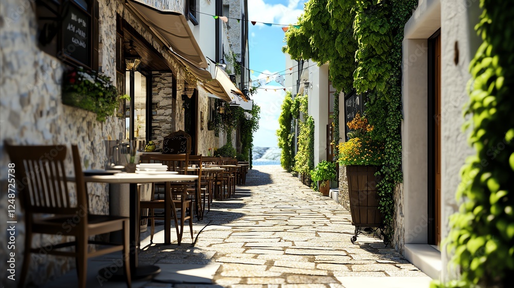 Fototapeta premium Narrow sidewalk, cozy European alleyway, inviting cafes, 3D illustration