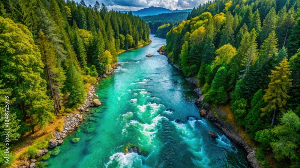 Fototapeta premium Serene Lewis River's blue-green waters flow diagonally; a stunning aerial drone shot.