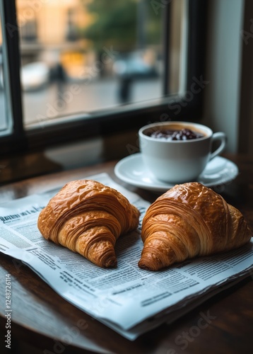 Enjoying fresh croissants and coffee by the window in a cozy caf during morni...