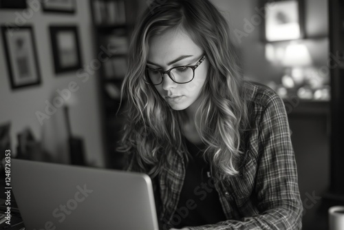 Young woman working intently on laptop in cozy indoor space during evening hours