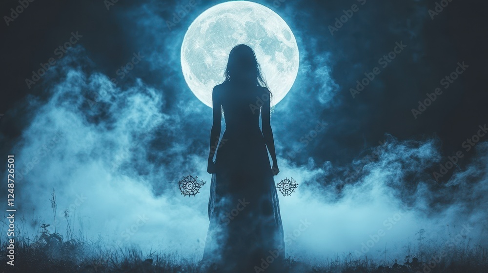 Obraz premium Woman in long dress, full moon, night, misty field, mystical