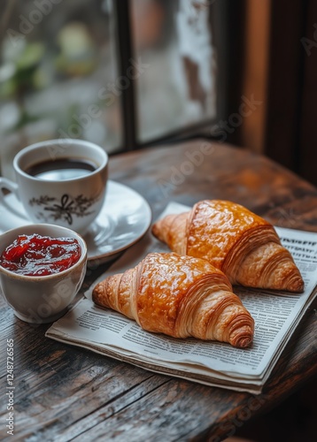 Freshly baked croissants and coffee served in a cozy caf during a rainy after...