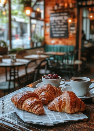 Morning coffee and pastries served in a cozy caf setting with warm lighting