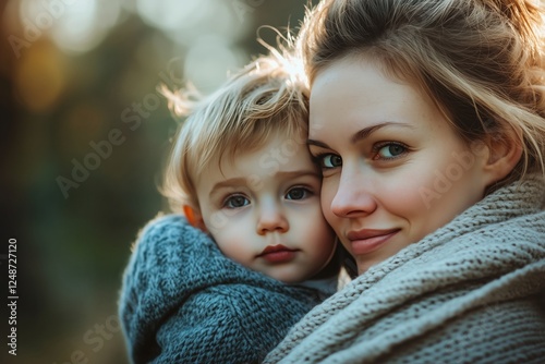 Mother and child enjoying a warm embrace in a natural outdoor setting during ...