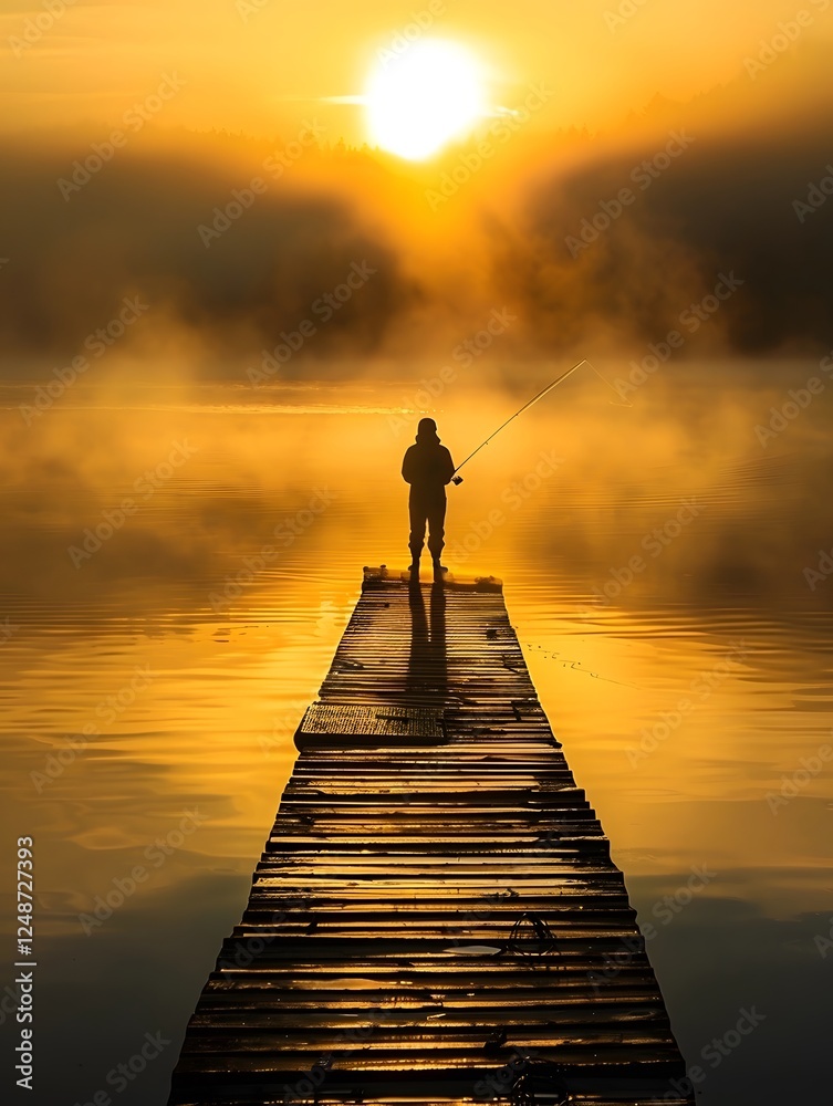 Peaceful Fishing Sea Lake Dock. Foggy Sunset Calm Scenery Peaceful Fishing Sea Lake Dock. Foggy Sunset Calm Scenery