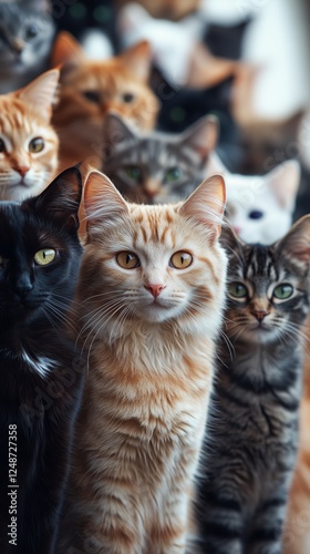 Collection of cats standing together looking towards the camera in a cozy ind...