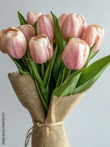 Pink tulips wrapped in burlap displayed on a neutral background