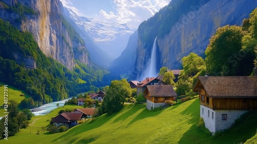 A serene view of the Lauterbrunnen Valley with cascading waterfalls and charming Swiss chalets in the foreground.